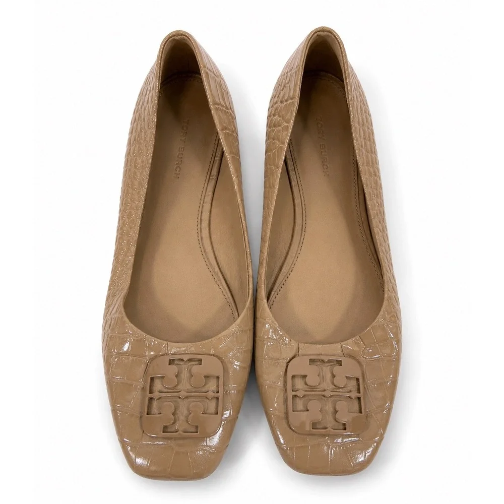 Tory Burch Ballet Flats Women 9M Tan Good Croc Embossed Logo Square Toe